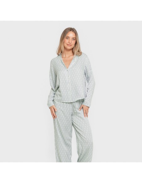 Pijama manga larga camisero viscosa mujer Orquidea agua marina pijamas-largos-de-mujer