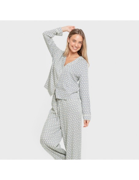 Pijama manga larga camisero viscosa mujer Dulcinea agua marina pijamas-largos-de-mujer