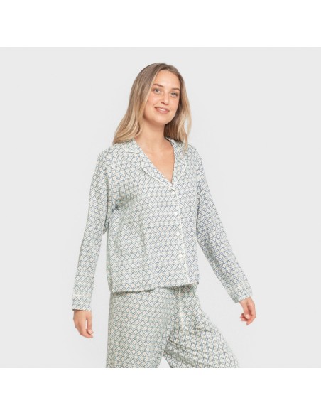 Pijama manga larga camisero viscosa mujer Dulcinea agua marina pijamas-largos-de-mujer