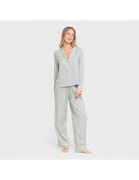 Pijama manga larga camisero viscosa mujer Dulcinea agua marina pijamas-largos-de-mujer